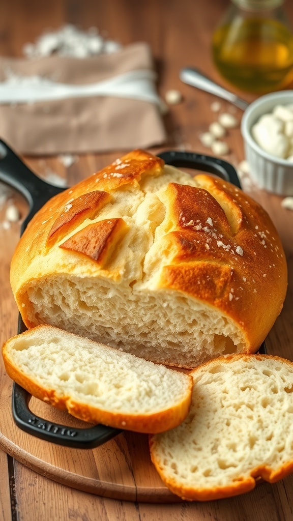 A golden brown loaf of bread baked in a cast iron skillet, sliced to reveal a soft interior, on a wooden board.